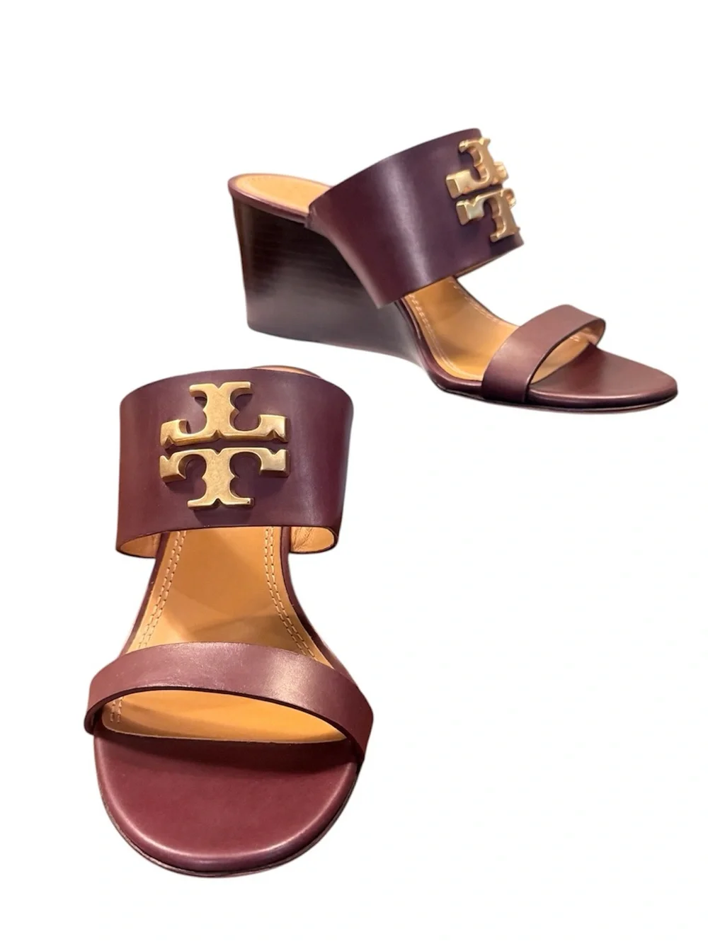 Tory Burch Burgundy Leather Wedge Sandals with Gold Logo